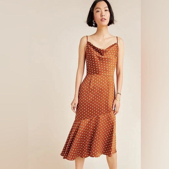 Anthropologie J.O.A Just One Answer Josie Polka Dot Slip Dress Gold Size Large - Picture 1 of 12